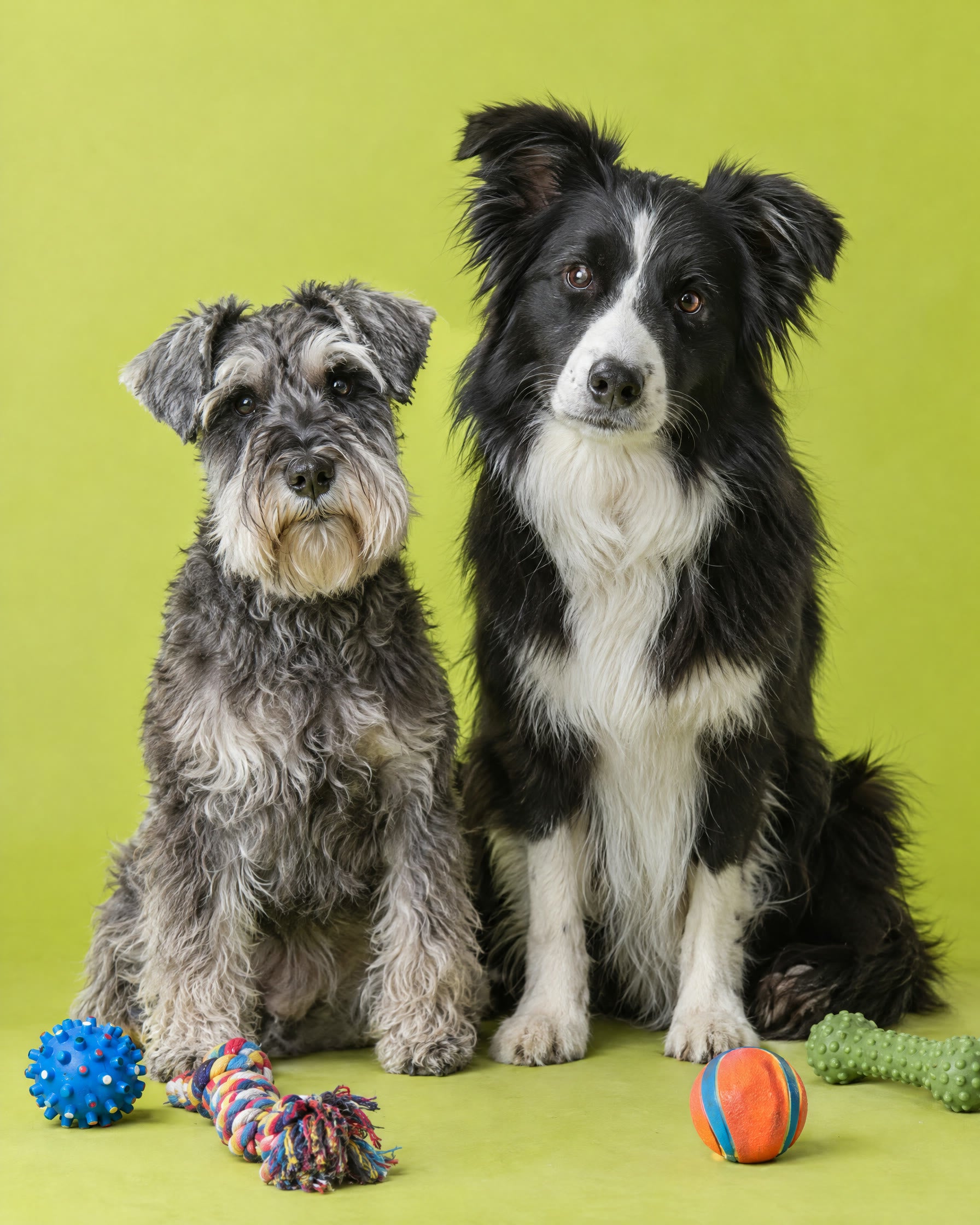Schnauzer miniatura y border collie en un estudio verde lima