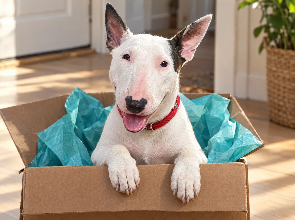Bull terrier asomada en una caja de envío