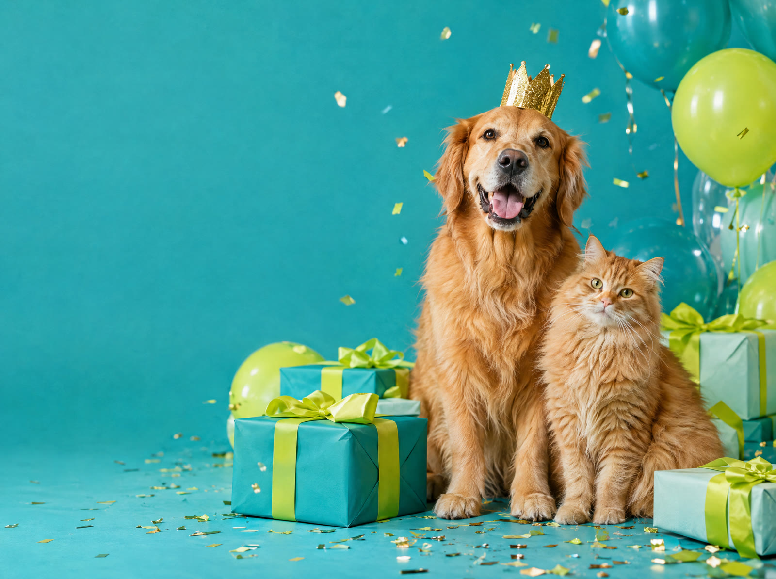 Perro golden con corona dorada y un gato entre regalos