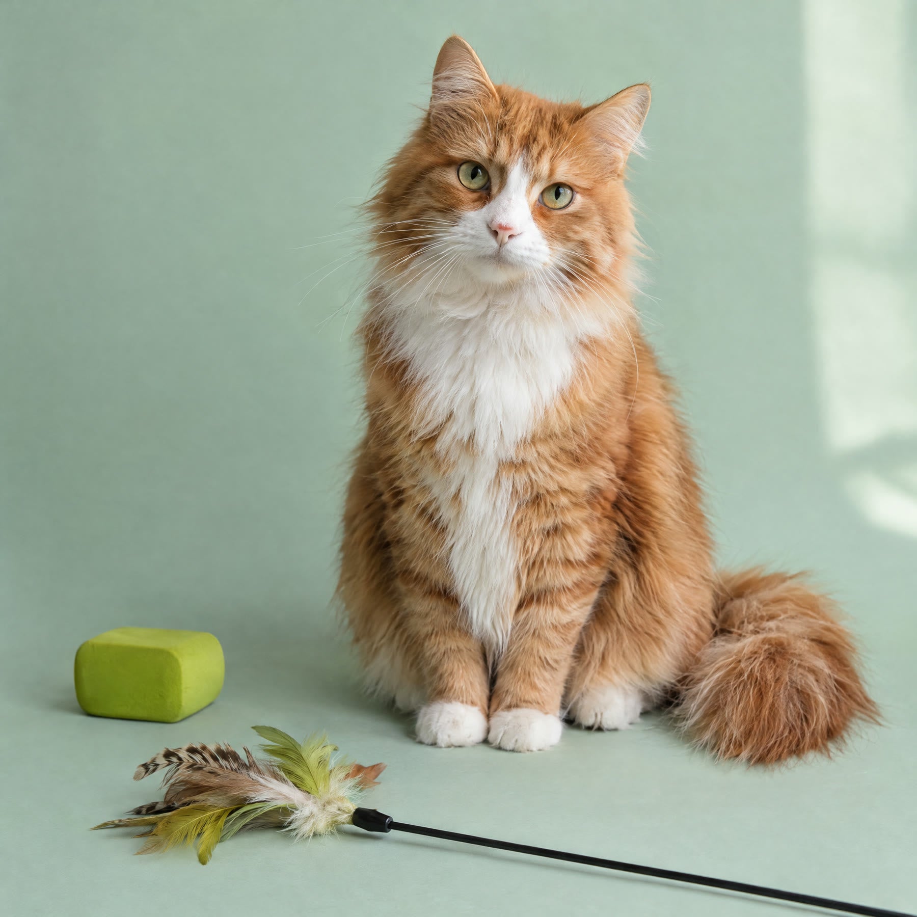 Gato naranja y blanco sentado en un estudio verde menta