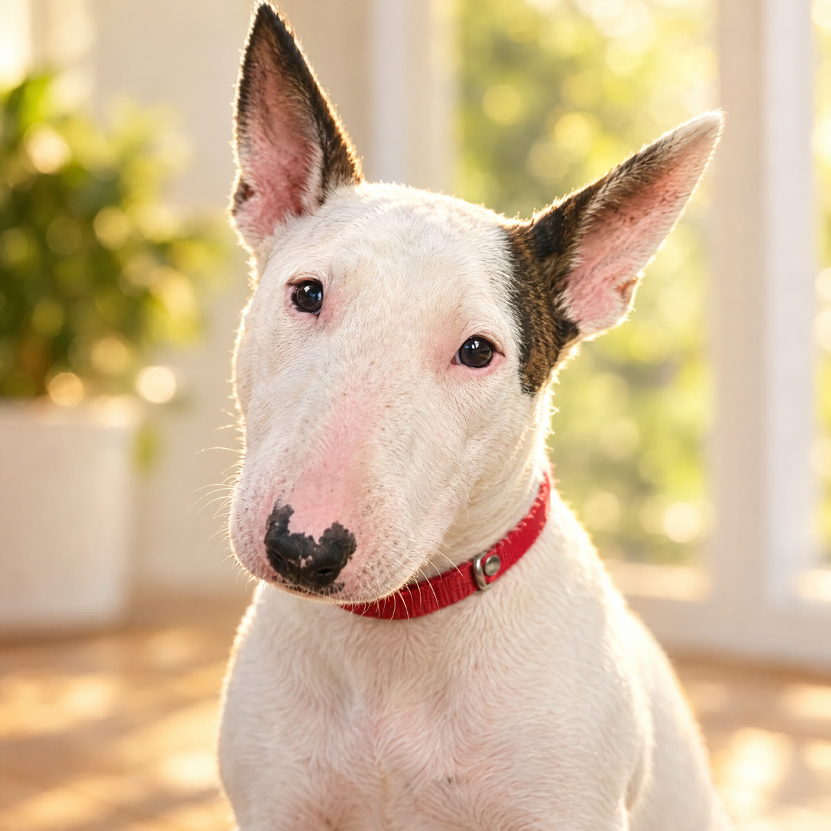 Bull terrier blanca con collar rojo